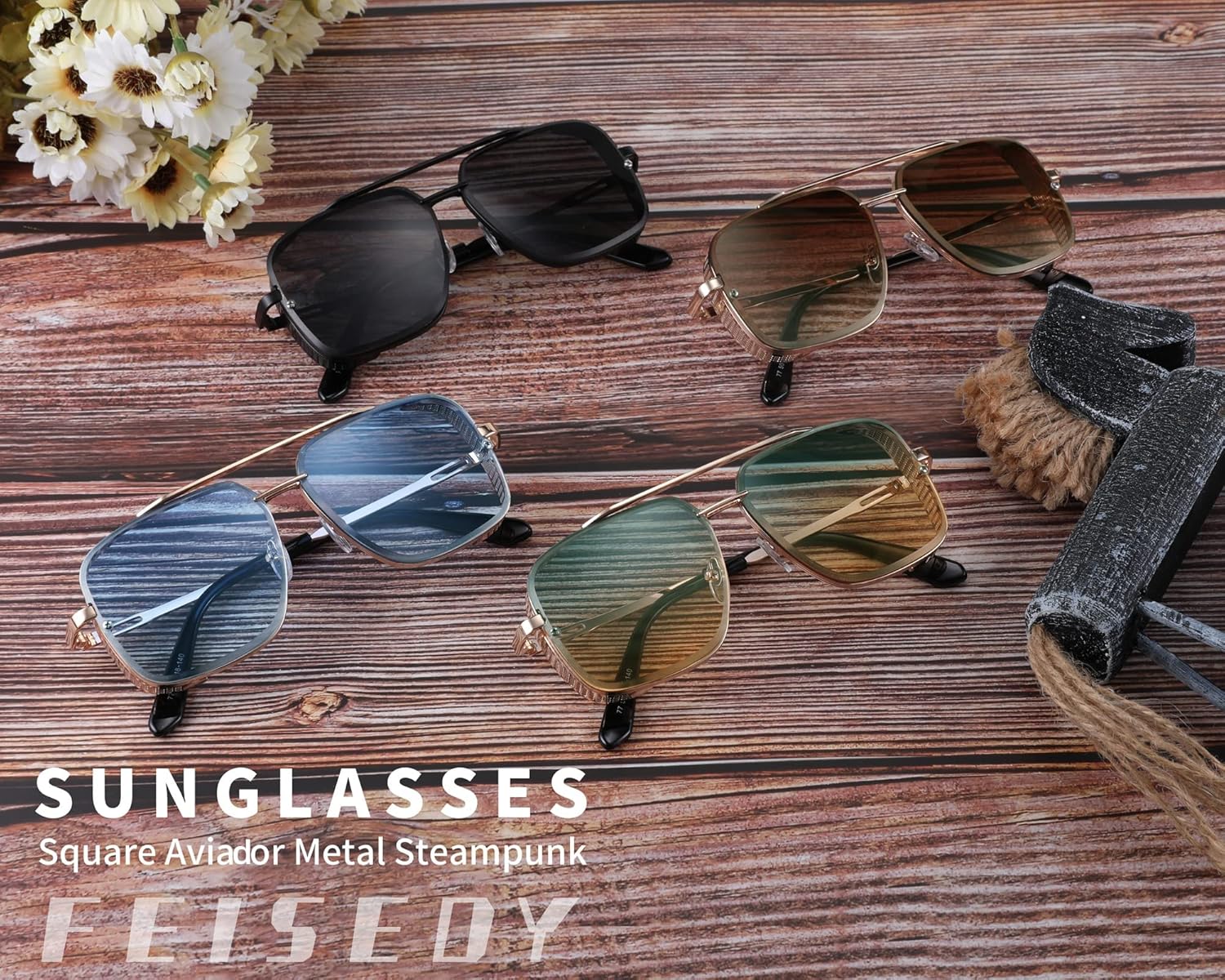 FEISEDY Sunglasses Mens Women Vintage Pilot Square Trendy Metal Steampunk Fishing Driving Sun Glasses B2894