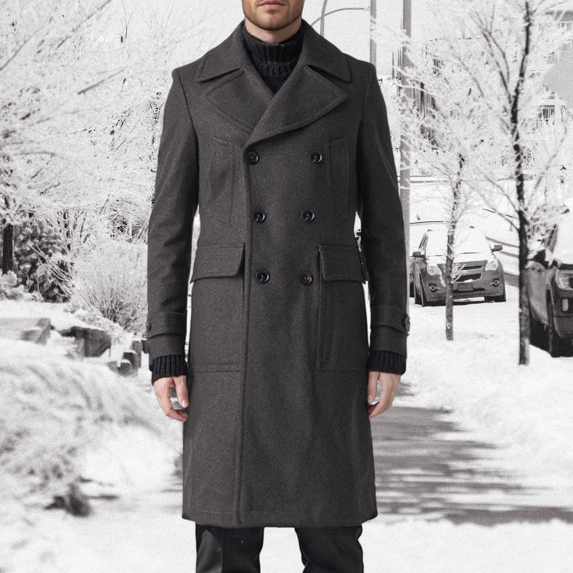 Trench da uomo con revers a lancia, doppiopetto, casual, lungo, soprabito, caldo, primaverile, invernale, giacca lunga