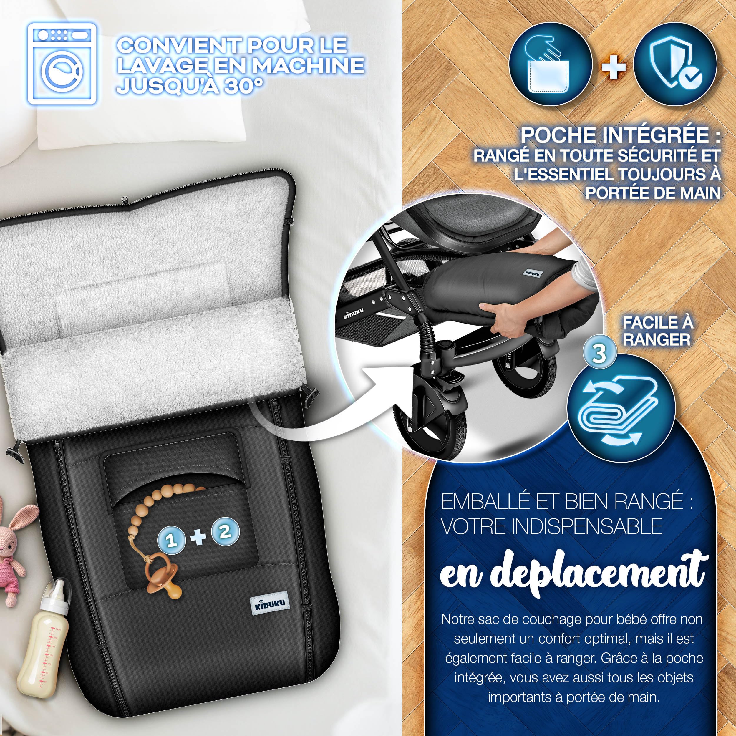 KIDUKU Chancelière pour Poussette - Sac de Couchage bébé Lavable | Couvre-Pieds pour Coque bébé avec Fermeture éclair et Grande Poche