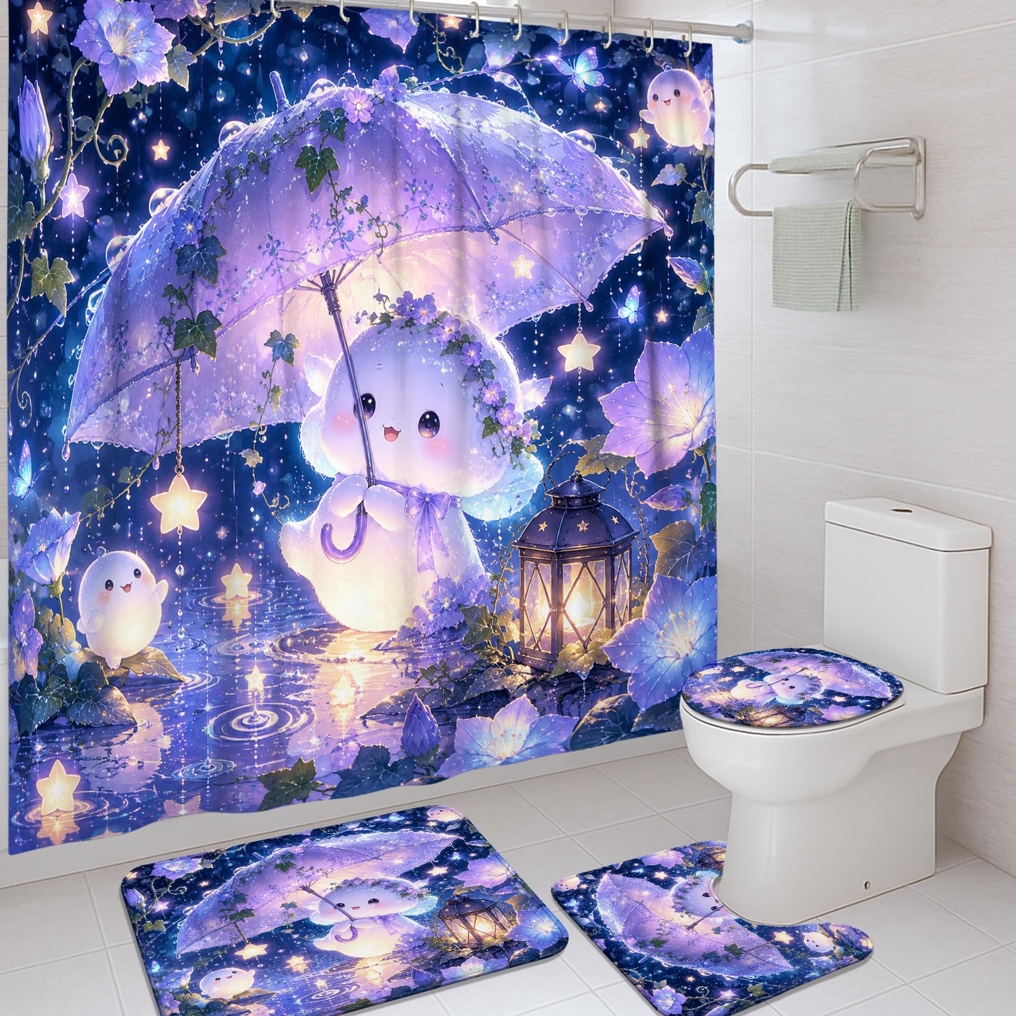 Rideau de douche polyester imperméable motif étoiles tapis de bain design sans violet 183x183