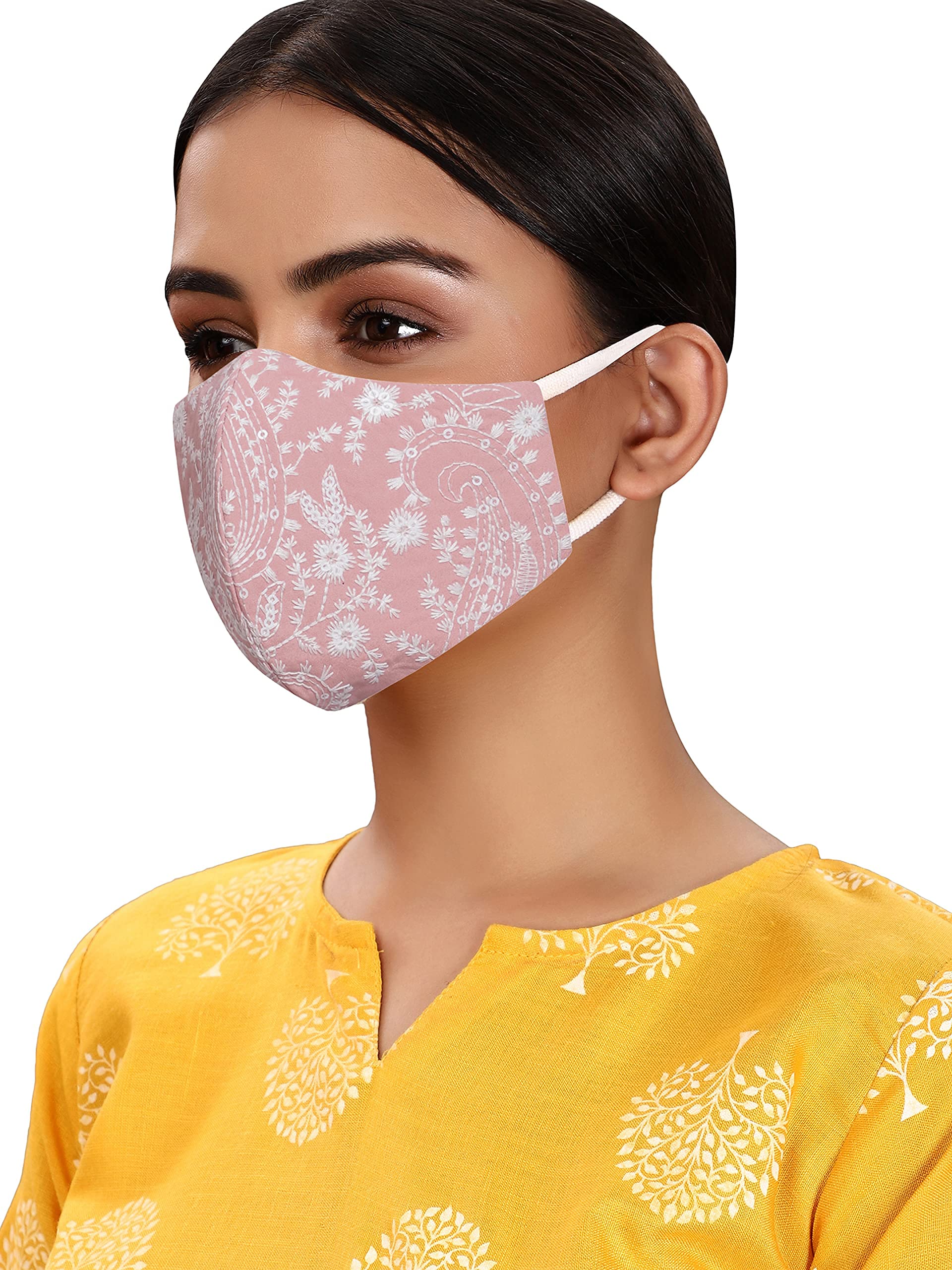 masq By Q-One 4 Layer Washable, Reusable, Size Adjustable, Anti-Bacterial (BFE>99%) Embroidered Cotton Cloth Face Mask Combo for Women, Girls ​with Detachable Chain & Mask Bag (Pink-Medium-Pack of 1)-picture-4