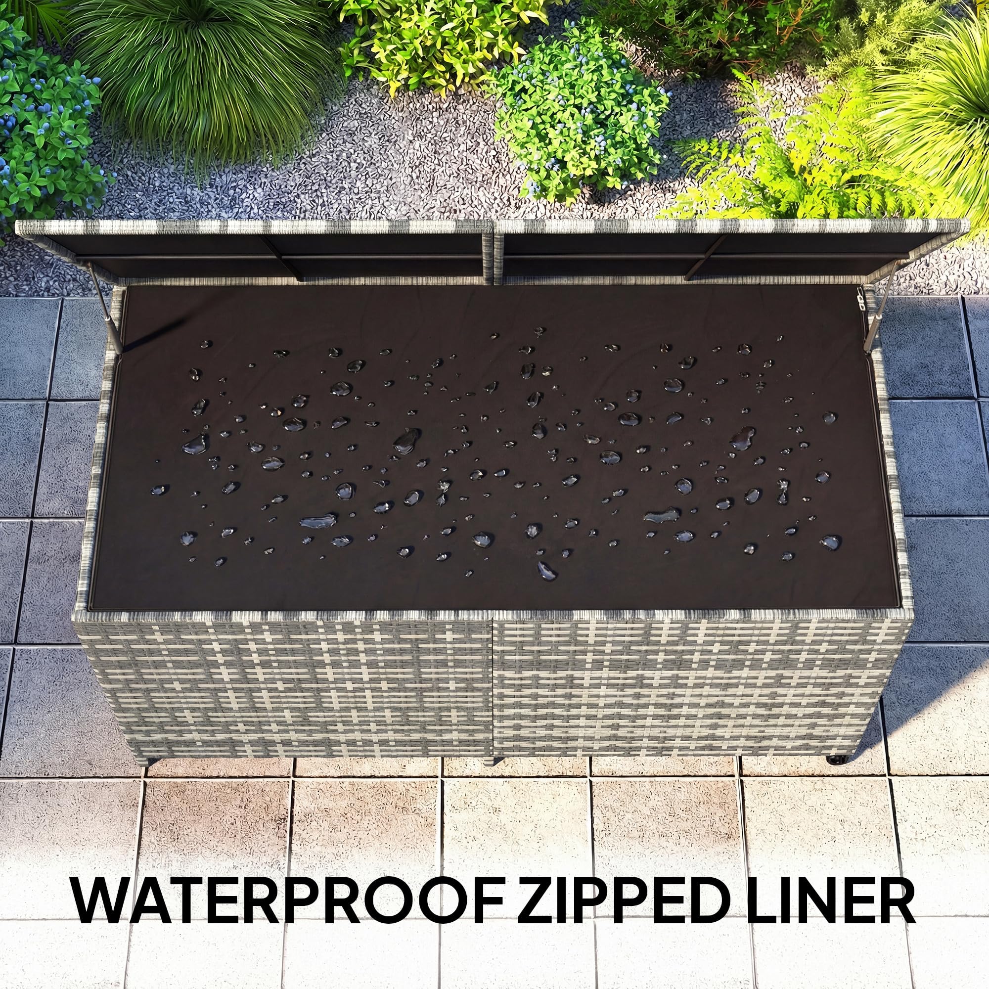 Outsunny 650L Extra Large Garden Storage Box with 2 Wheels, Rattan Deck Box with Waterproof Zipped Liner, Safe Pneumatic Rods, Patio Rattan Storage Container for Backyard Gardening Tools, Mixed Grey — view 4