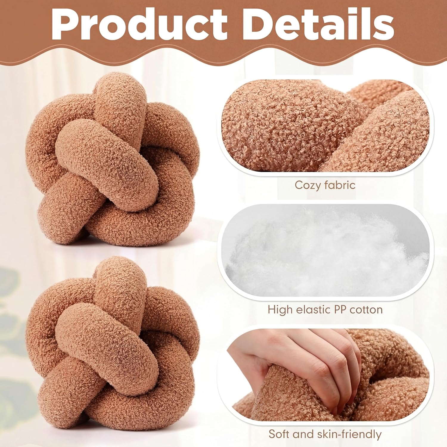 Beeveer 2 Pcs Knot Pillow Ball 12 Inch Soft Decorative Teddy Boucle Knot Throw Pillows for Home Bed Couch Living Room Decor(Khaki)