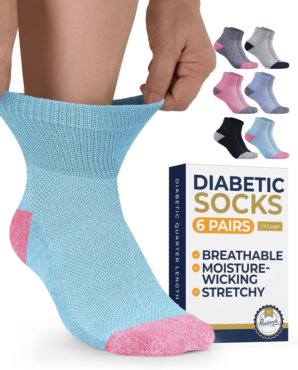 Pembrook Ankle Diabetic Socks for Women & Men | 6 Pairs | Wide Non Binding Socks Quarter Length | Edema Neuropathy Socks