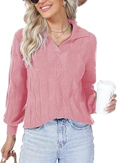 Women Long Sleeve V Neck Pullover Sweaters Lapel Collar Sweaters Hollow Cable Knit Jumper Tops