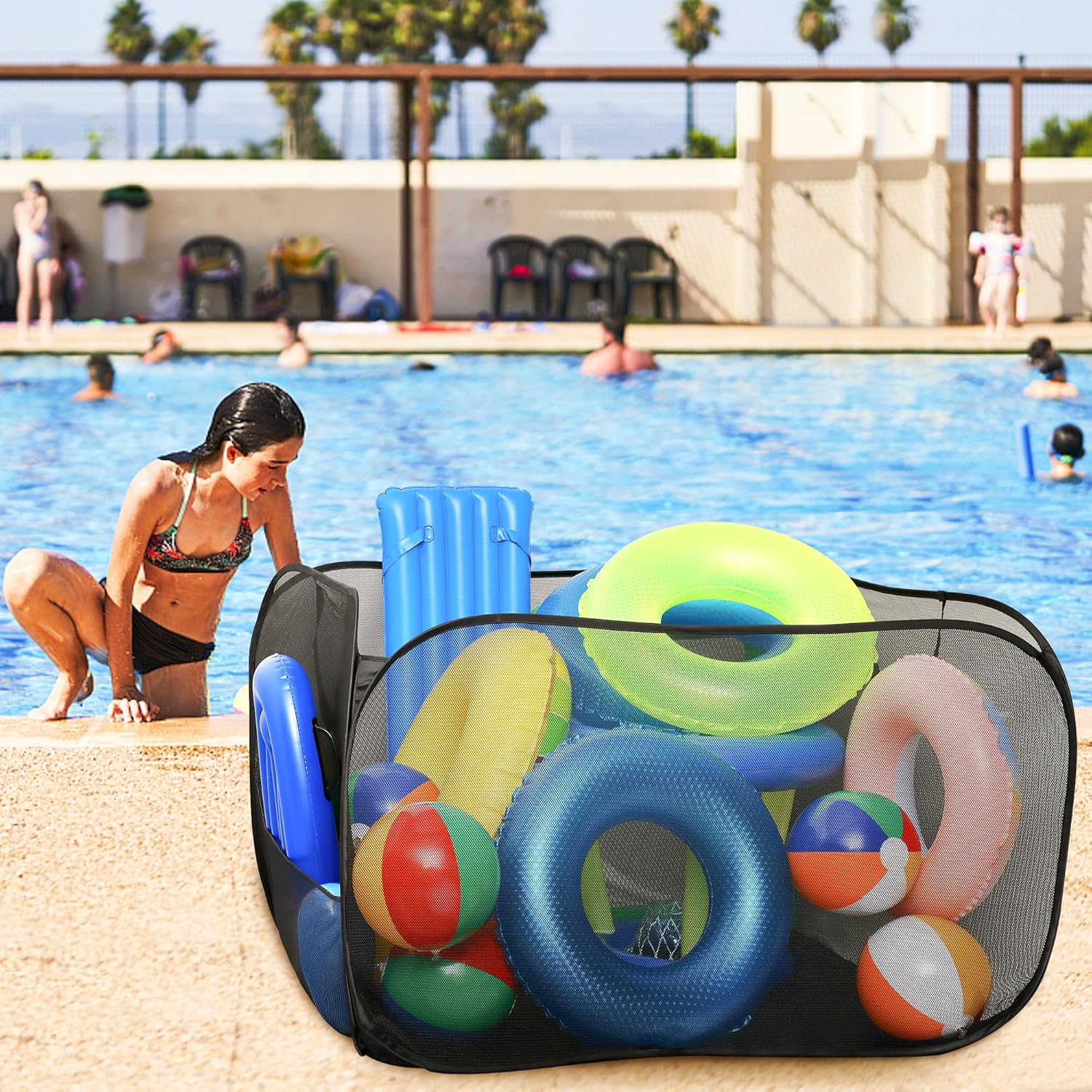 Adnee Pool Toy Storage Bin-47'' x 47'' x 31'' Nylon Mesh Pool Organizer with Side Pocket-300 Gallon Quick Drying Pool Storage for Float, Beach Balls,Towel and Other Swimming Accessories