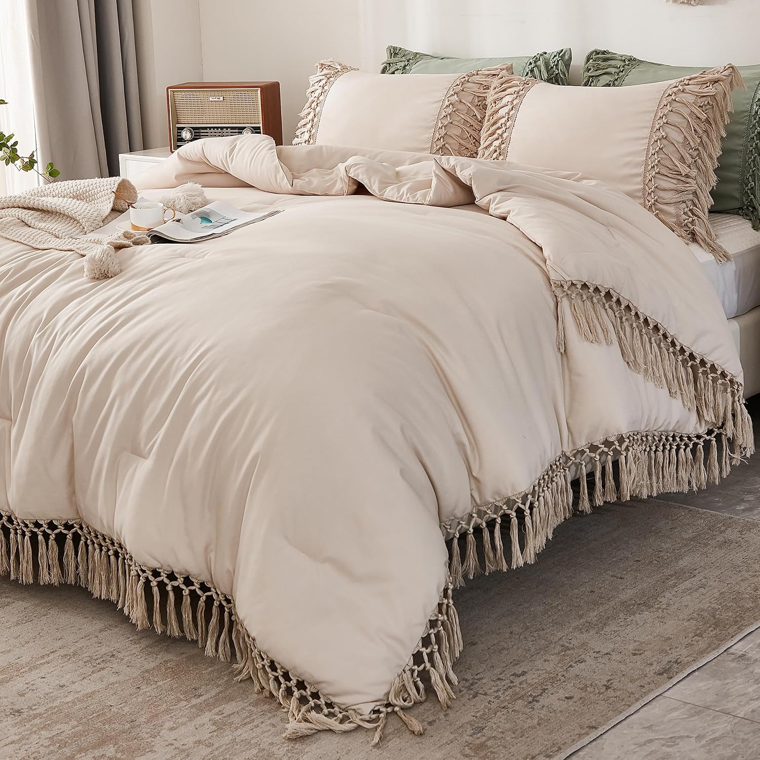 Andency Beige Comforter Set Queen, 3 Pieces Boho Tassel Lightweight Summer Soft