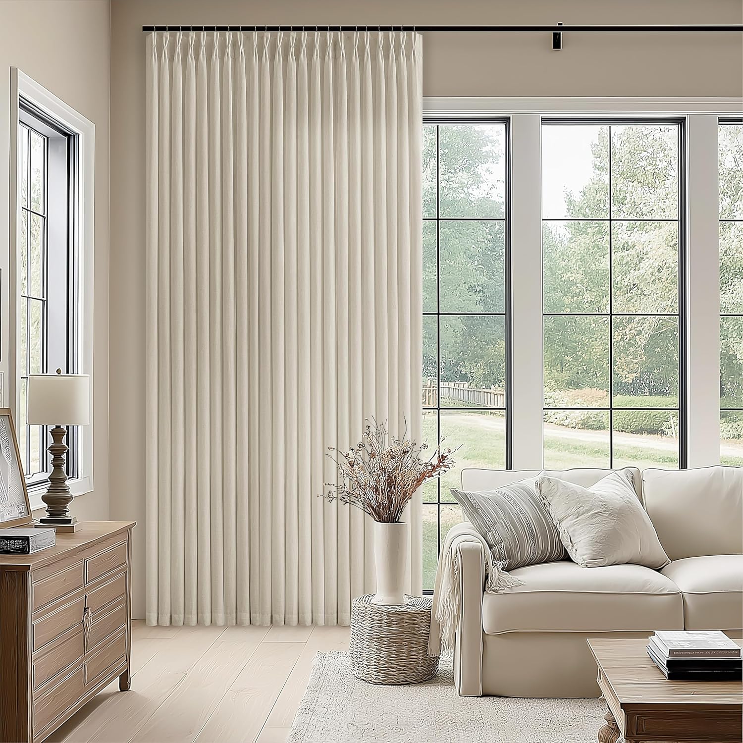 Pinch Pleat 70 x 102 Inch Linen Curtains for Living Room Divider Pleated Drapes with Hooks Rings Back Tab Beige Neutral Sheer Curtains 102 Inch Length for Sliding Door Dining Bedroom Ceiling Window