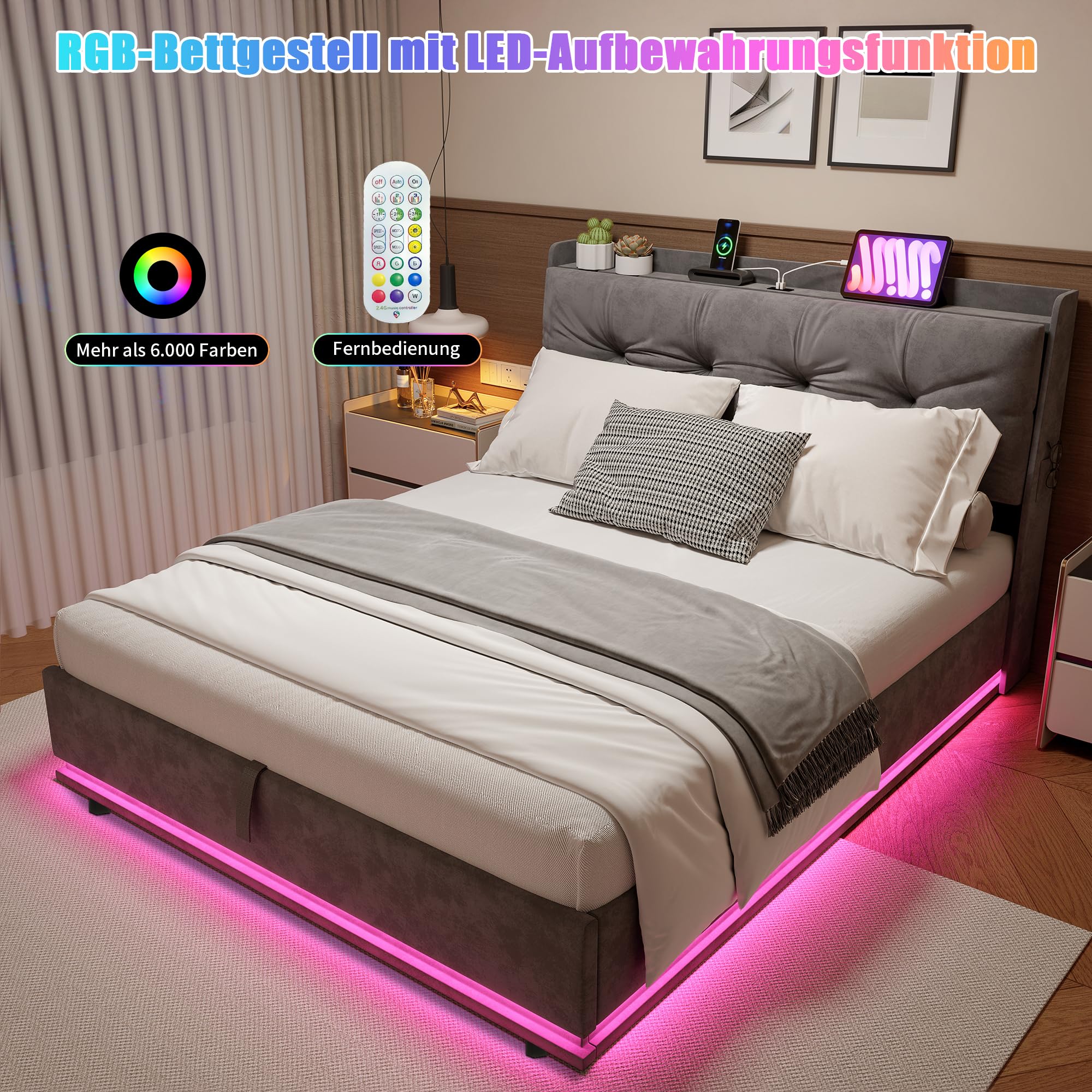 140 x 200 cm podwójne łóżko oświetlenie LED, złącze USB, miejsce do przechowywania | Pamięć hydrauliczna, regulowane oświetlenie LED, stacja ładująca USB, aksamitny zagłówek, drewniany stelaż, bez materaca