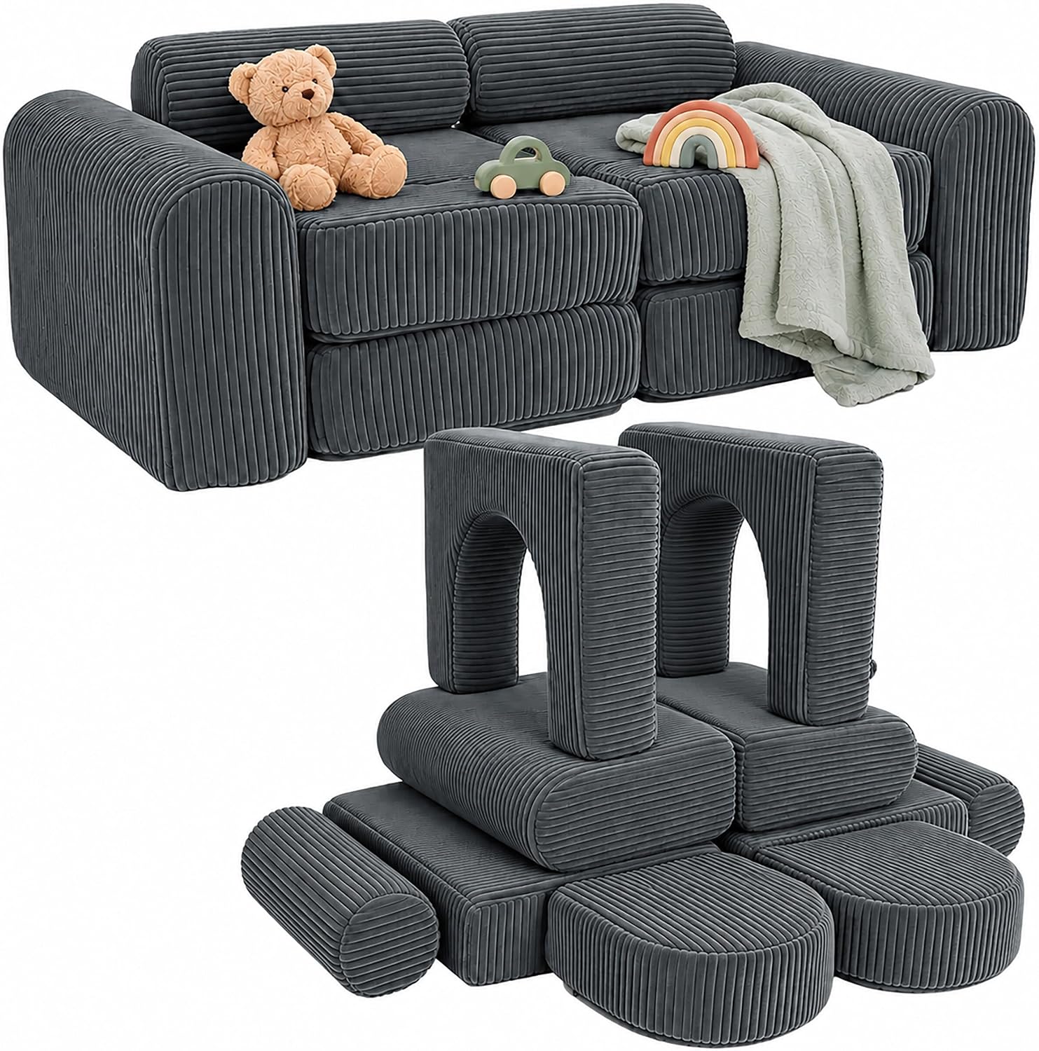 Relaxdays Children's Play Sofa Modular 10-Piece Soft Building Blocks Grey