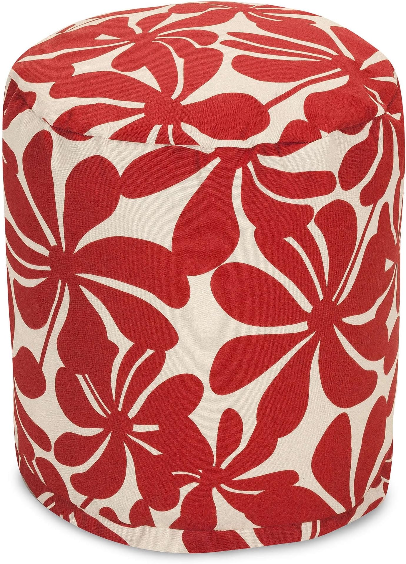 Single Piece Red Round Shape Small Ottoman, Plantation & Geometric Pattern, Polyester Material, Standard Type Pouf, Spot Clean Care Instruction, Removable Zipper Cover, Dark Red, White