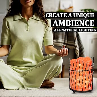 Natural Himalayan Salt , Tall Round Metal Basket lamp with Dimmer Switch | 8-10 lbs