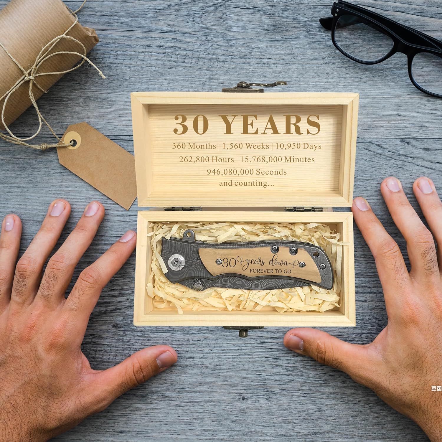 30th Wedding Anniversary Meaningful Gifts for Men, 30 Years Anniversary Keepsake Engraved Folding Knife with Wood Box, 30th Pearl Anniversary Presents for Him, 30 Years of Marriage Gift for Husband