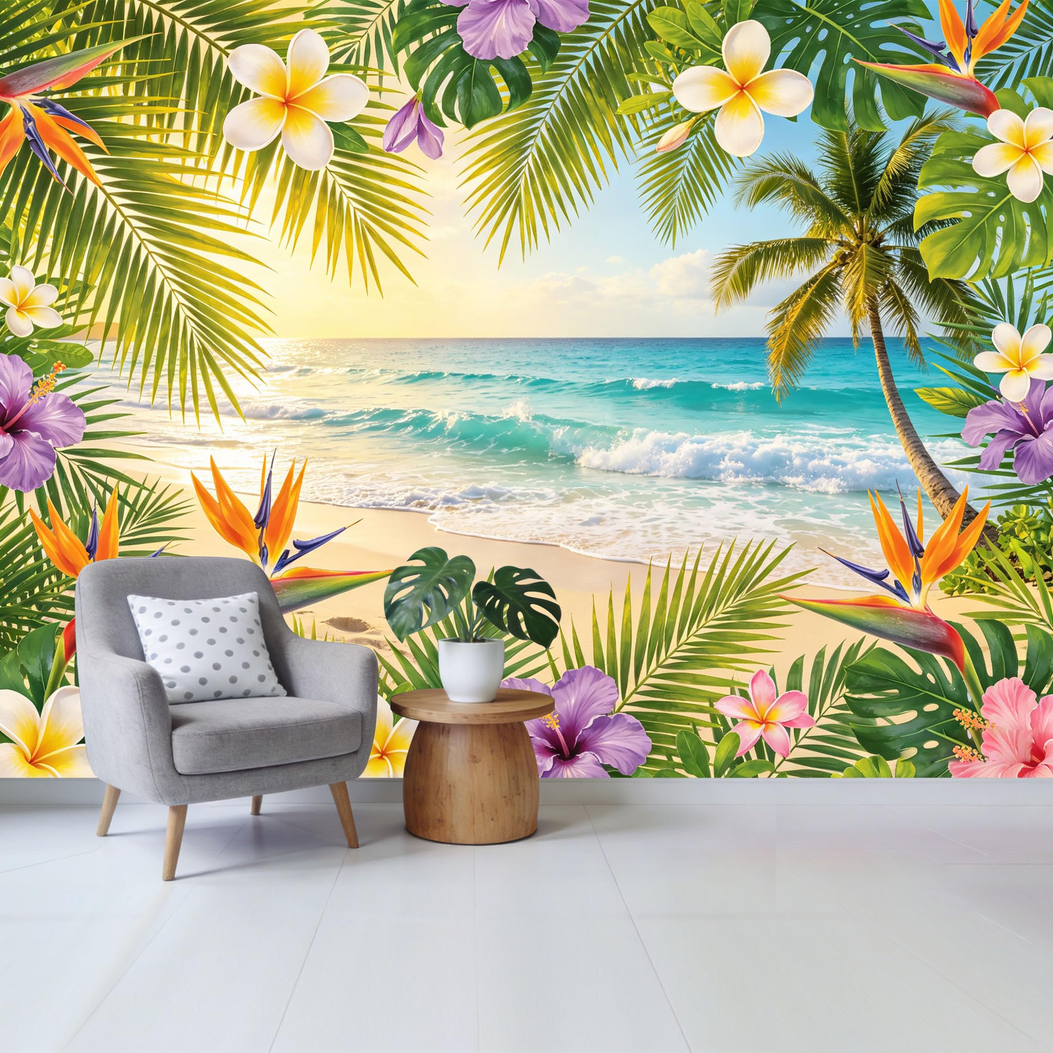 Qzlithotic Yq2605250188 Custom Size Wall Mural Tropical Beach Scenery Plumeria Hibiscus Flowers Sunset Ocean View Selfadhesive Wall Fabric Removable Wallpaper For Home Office Decor