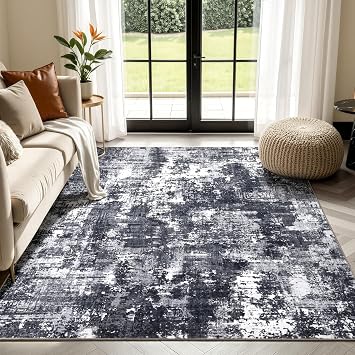 Sasttie 8x10 Washable Area Rug, Modern Abstract Large Carpet, Black & White