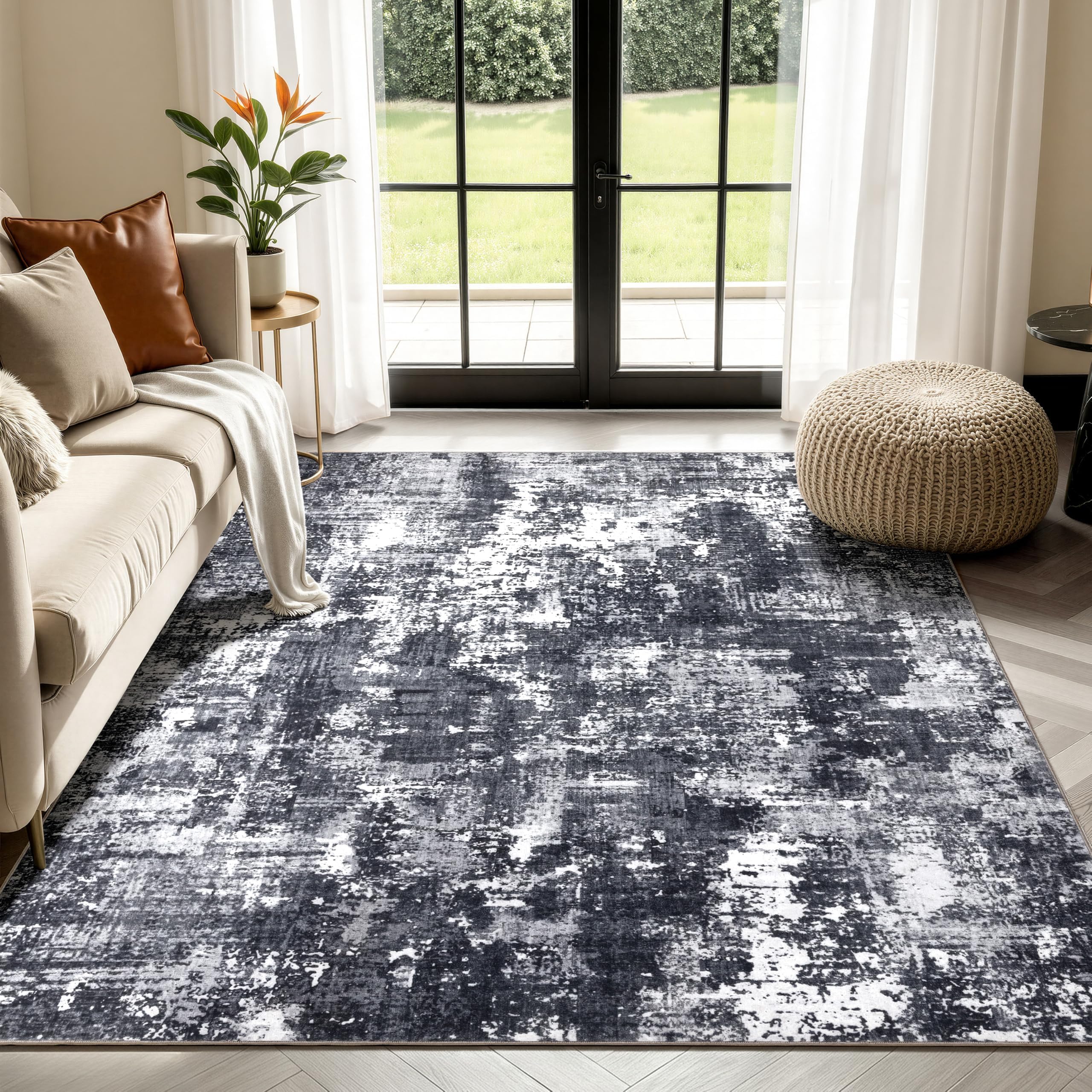 Modern Abstract Black & White Area Rug 8x10