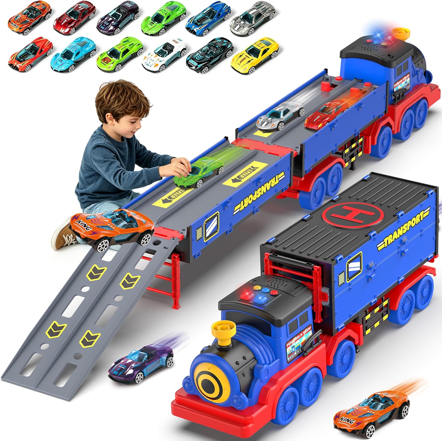 Car Transport Train Toy, Truck Toys, 12 Race Cars, Trucks for Kids Ages 4-8