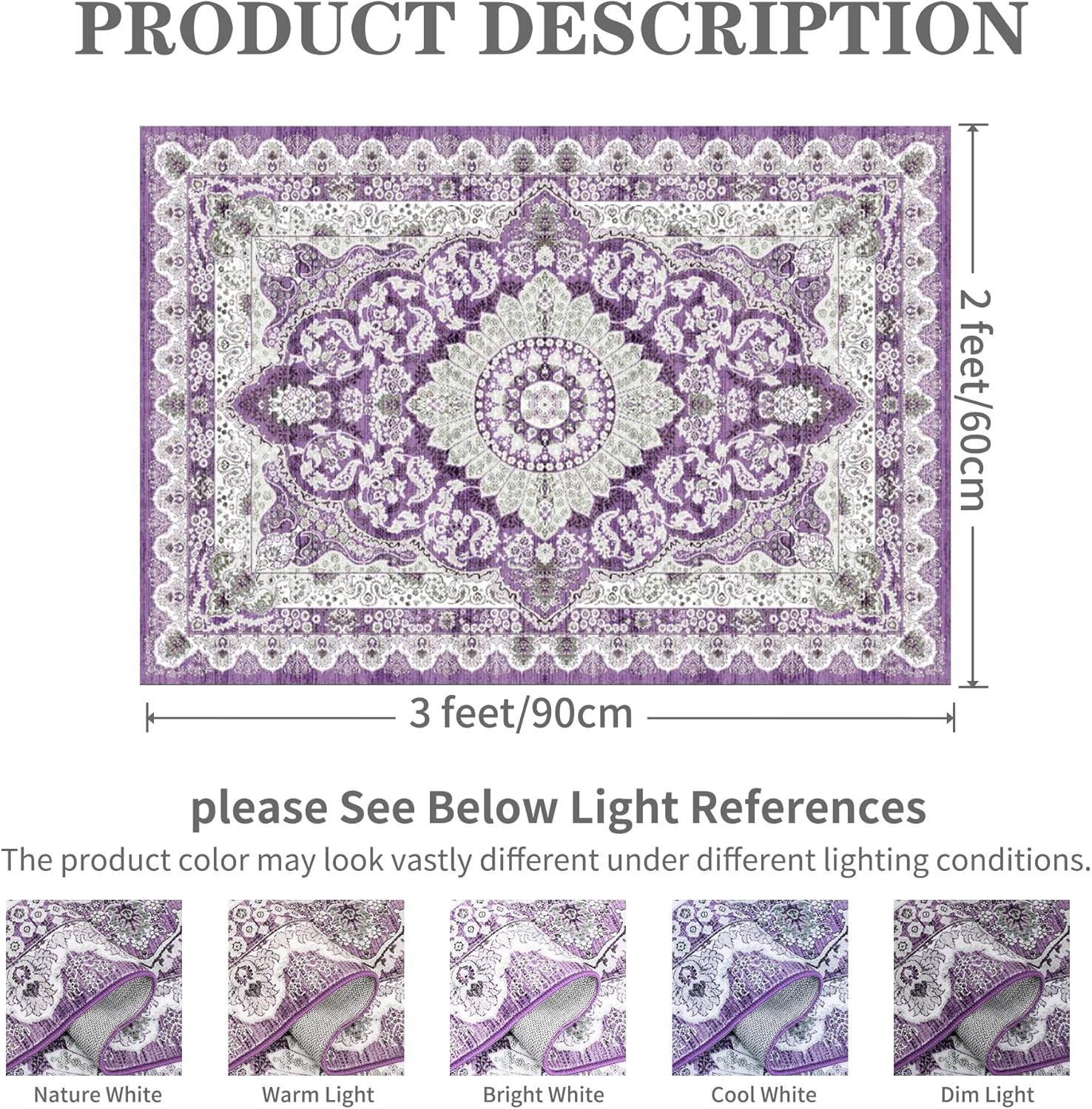 Foxmas Small Rugs for Entryway 2x3 Feet, Non-Slip Doormat Indoor Entrance Vintage Washable Area Rug, Low Pile Throw Rugs for Entryway Bedroom Kitchen Living Room, Purple