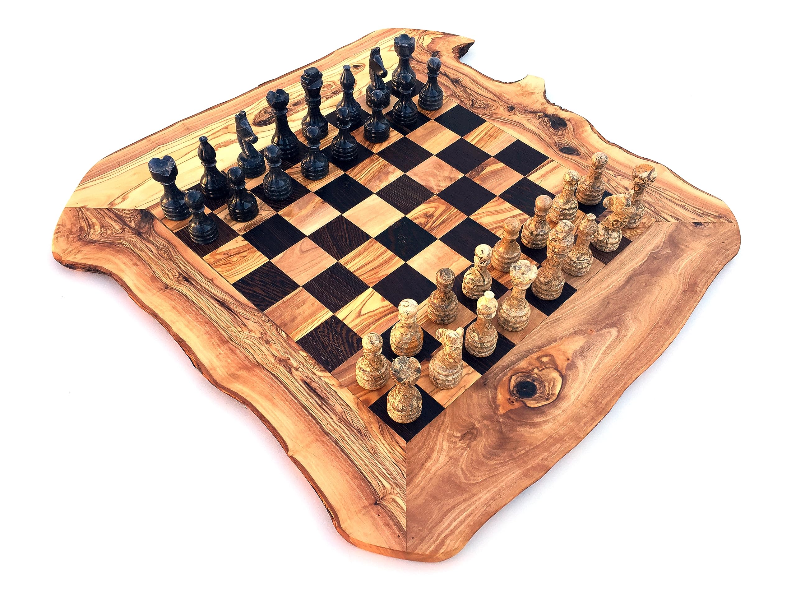 Rustic Chess Board Choice of Sizes L/XL Includes 32 Chess Pieces Made of Marble Chess Set Handmade Olive Wood Wenge (XL)