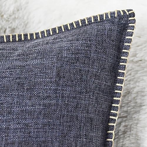 Miniatura 6 de CaliTime Juego de 2 fundas de almohada de algodón con bordes cosidos de hilo de algodón, 2 tonos, de lino rústico, para sofá, decoración del hogar,