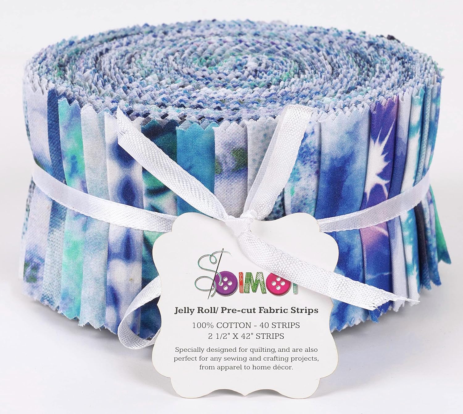Soimoi Jelly Roll 40 Strip Assorted Bundle, Blue Fabric Strips for Quilting, Crafting, 100% Cotton Fabric Jelly Roll Bundle for Scrapbooking, Precut Quilt Projects, and DIY Crafts - Tie Dye Print