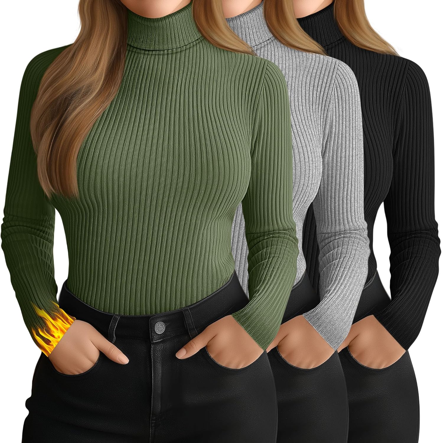 Ficerd Women's 3 Pack Plus Size Thermal Turtleneck Tops Ribbed Long Sleeve Shirts Stretch Slim Fit Base Layer