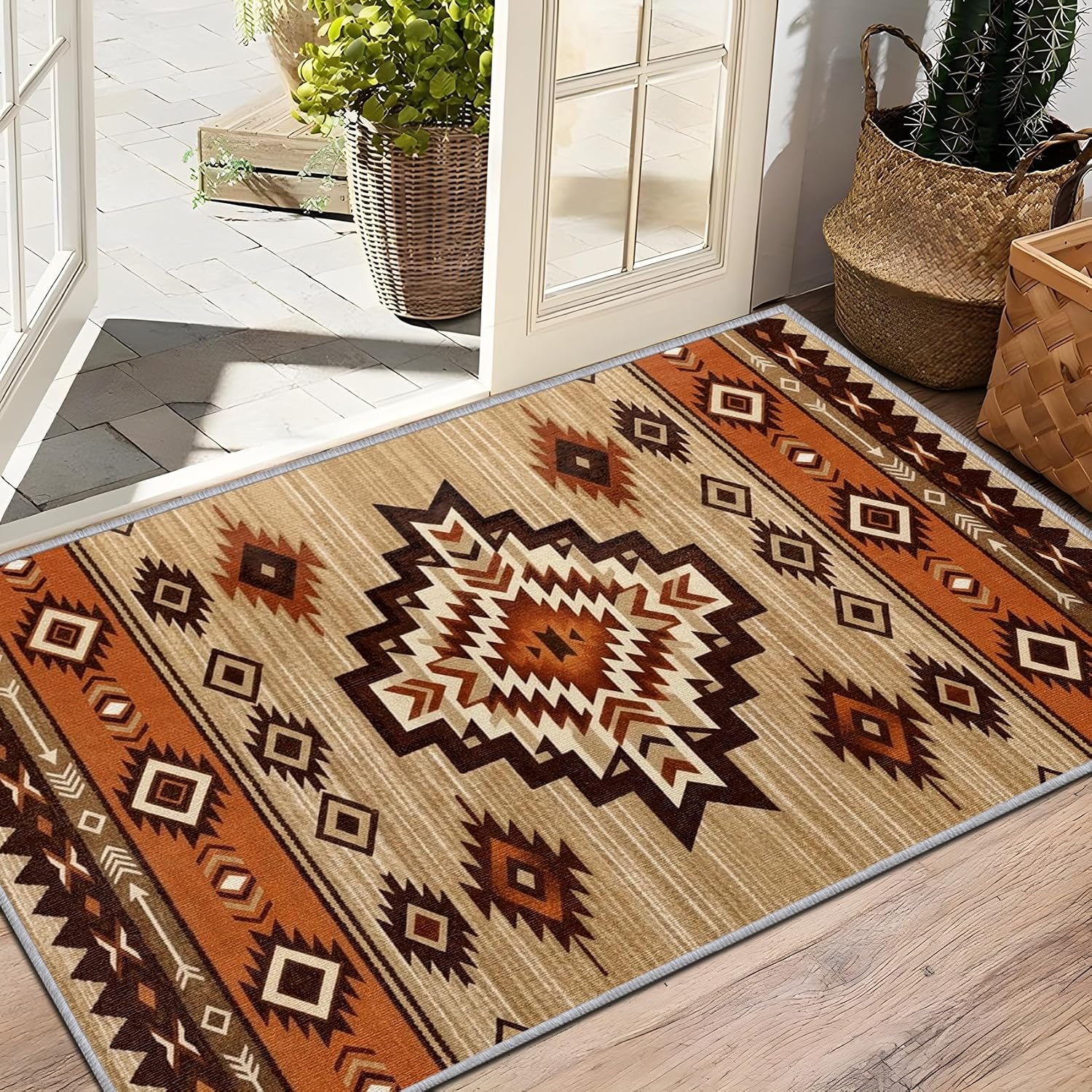 Native American Rug 5x7 - Aztec Southwestern Geometric Area Rugs, Boho Lodge Carpet, Washable & Non Slip & Soft Large Carpets, Native American Home Decor (Orange Camel)