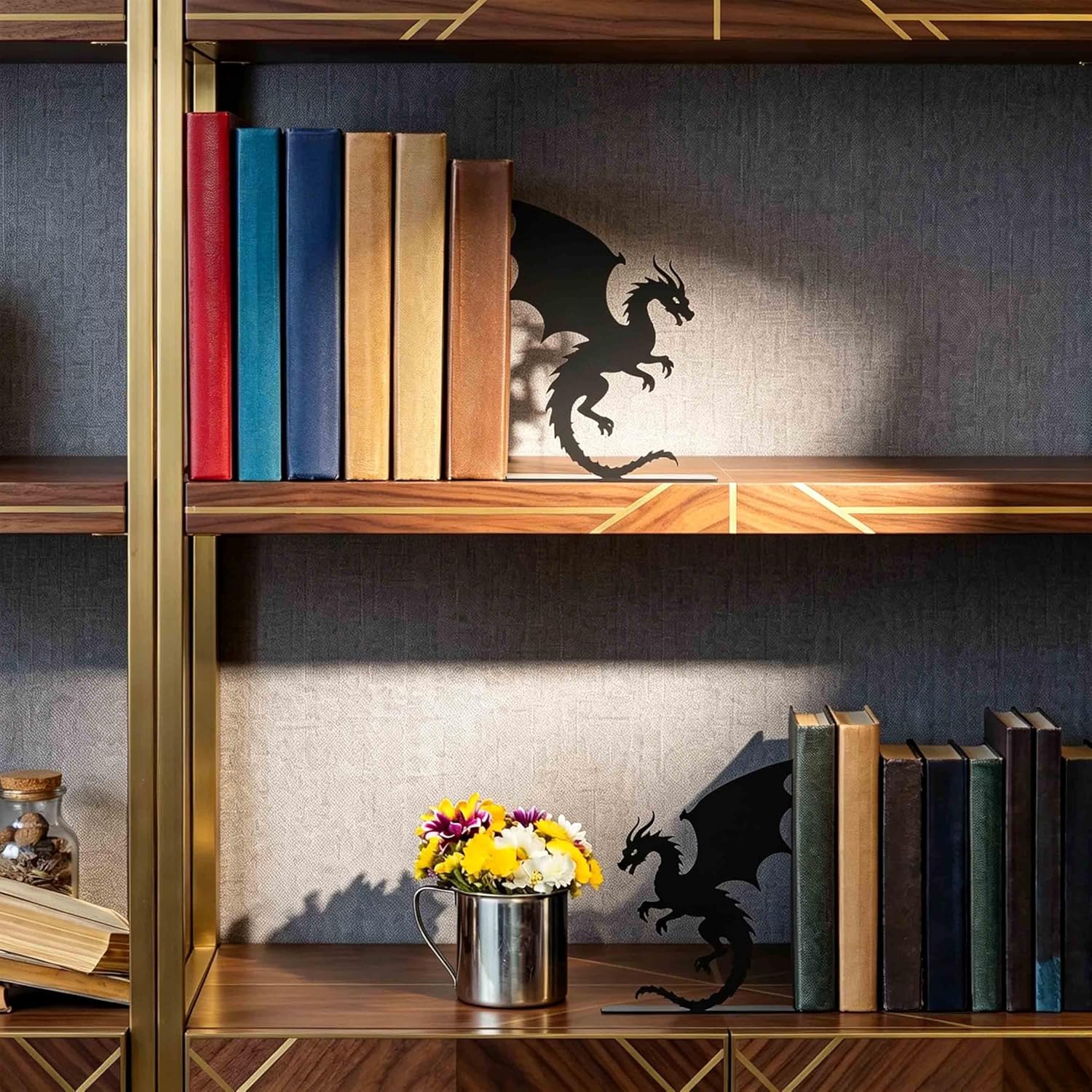 Black Metal Flying Dragon Bookends Set of 2 Styles Gothic Book Ends, Decorative Art Accessories for Bookshelves Desk Kids Room Bedroom Home Office, Unique Gifts for Dragon Enthusiasts