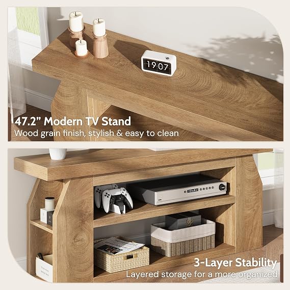 Modern Wood TV Stand for 55 Inch TV, Unique Geometric Entertainment Center with 3-Tier Open Storage & Adjustable Shelves, Small TV Console Table for Living Room Bedroom, Oak