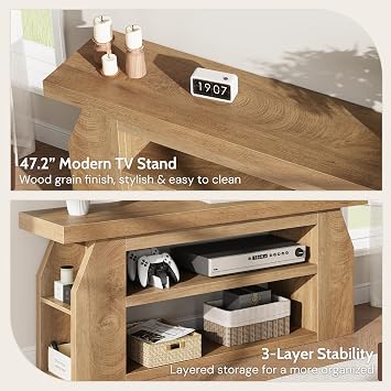 Modern Wood TV Stand for 55 Inch TV, Unique Geometric Entertainment Center with 3-Tier Open Storage & Adjustable Shelves, Small TV Console Table for Living Room Bedroom, Oak