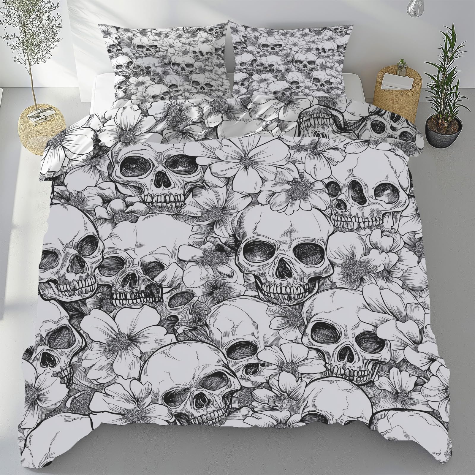 Housse de Couette Crâne Fleur Gothique Parure Lit 2 Personnes 280x240 avec 2 Taies d'Oreiller