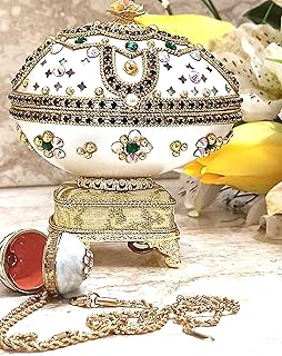 One Only Faberge Masterpiece Green Faberge egg Musical Trinket Jewelry Box 24k GOLD gift for Her Designer Russian Easter egg Engagement Gift box Hand Carved REAL Egg Austrian Crystal Emerald