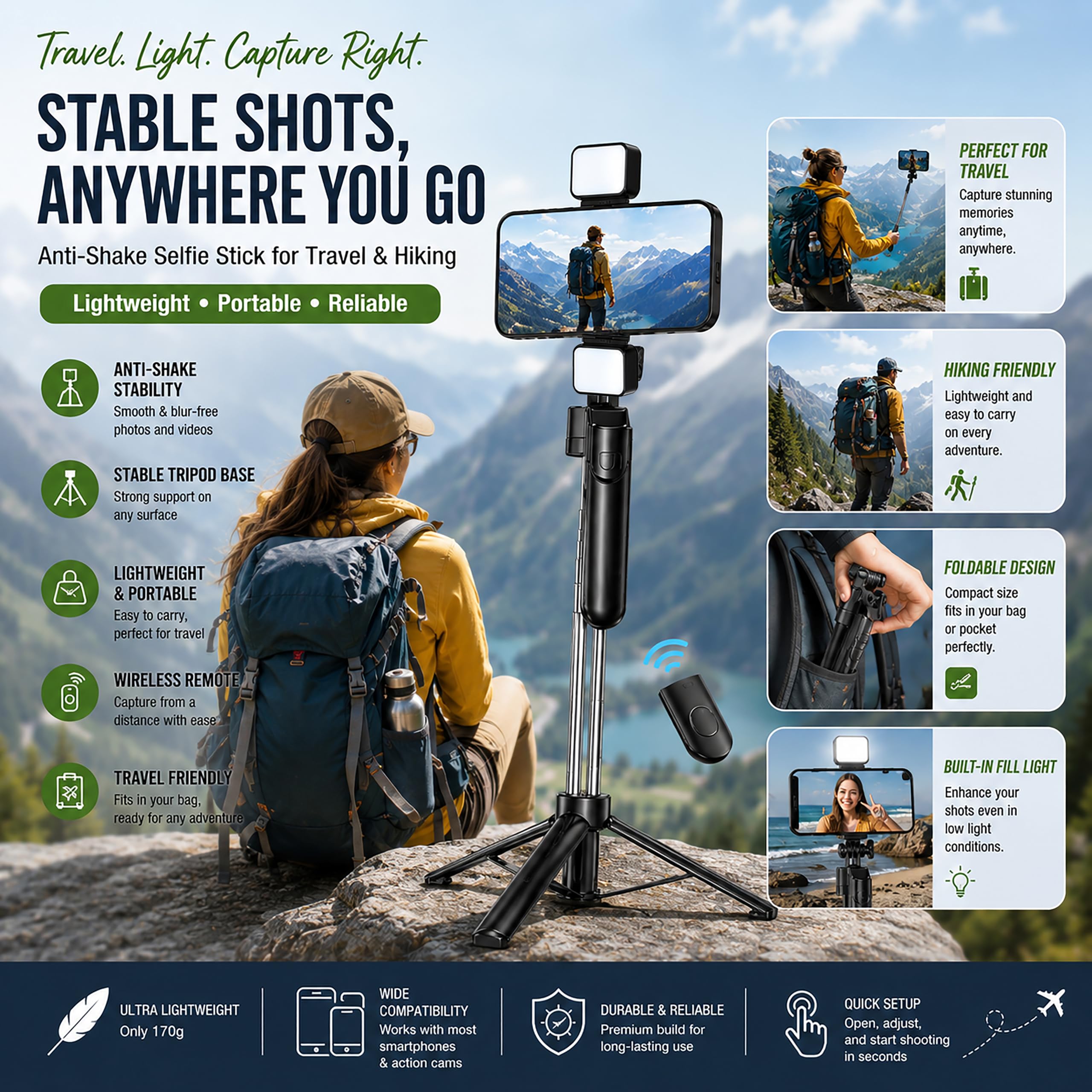 CIRYCASE® Phone Tripod, Flexible Tabletop & Travel Tripods with Wireless Remote, 360° Rotating Portable (Selfie Tripod Handle Grip with Light) — Amazon image 8