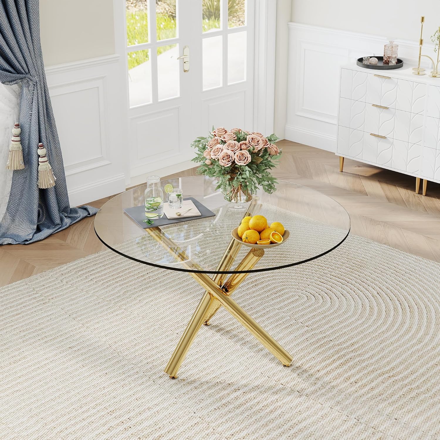 yeag 39 Inch Round Glass Dining Table for 4, Modern Dining Table with Clear Tempered Glass Tabletop & 3 Round Gold Metal Legs, Glass Kitchen Table for Kitchen Dining Room Living Room Office