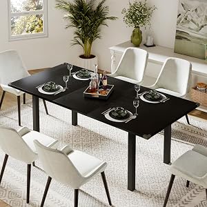 Feonase 47-63 Inch Extendable Kitchen Table, Modern Farmhouse Dining Table for 4-6, Wooden Dining Room Table for Small Space, Dining Room, Home Office, Living Room Furniture, Black