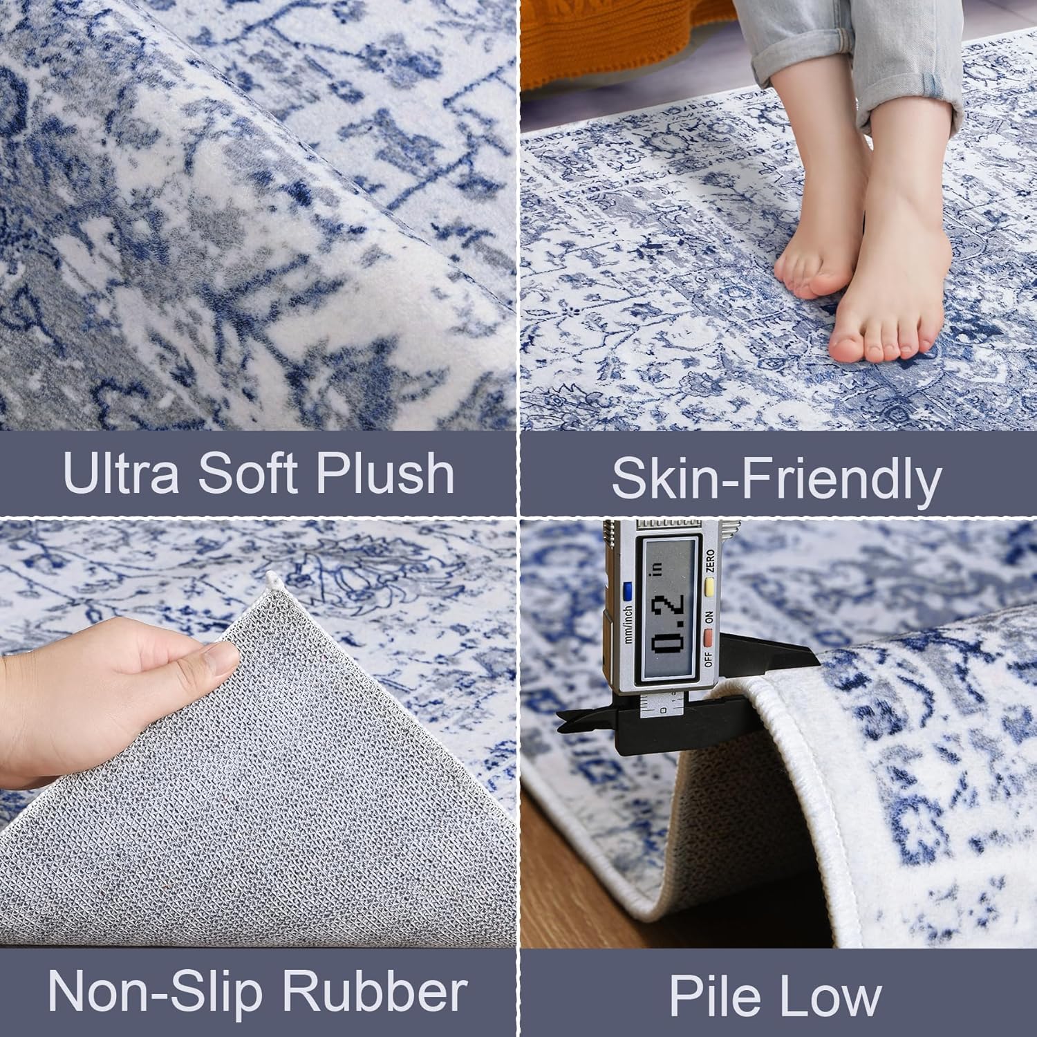 Keeko 5x7 Area Rugs for Living Room Bedroom, Large Vintage Machine Washable Rugs Soft Fluffy Indoor Accent Print Rug Non Shedding Non Slip Floral Carpet Rug for Office Dining Room Decor Blue