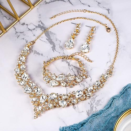 Miniatura 5 de BriLove - Juego de joyas de boda con cristales austriacos, collar, aretes y pulsera para mujer