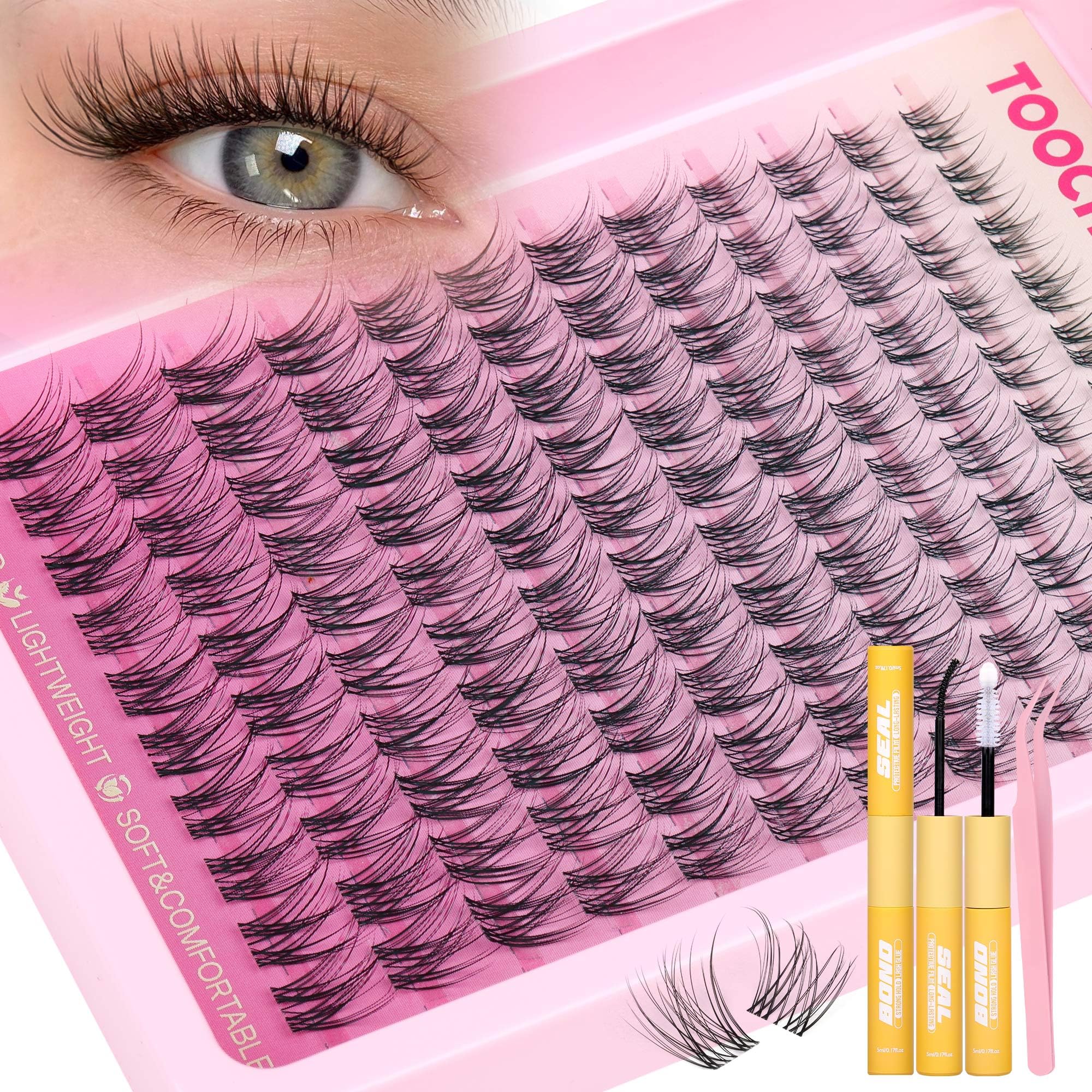 TOOCHUNAG Natural Lash Clusters Kit Wispy Lash Extensions Kit Venus 8-14mm Cluster Eyelash Extensions Invisible Band Lashes Clusters
