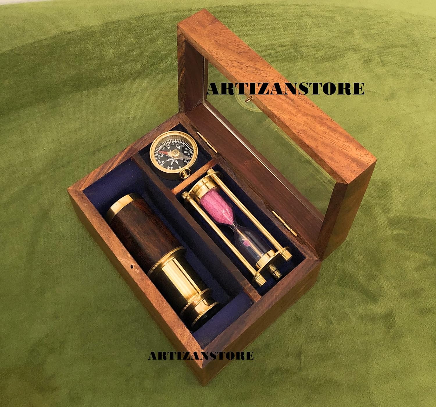 Brass Telescope Compass Sand Timer Antique with Handcrafted Wooden Box Best Gift