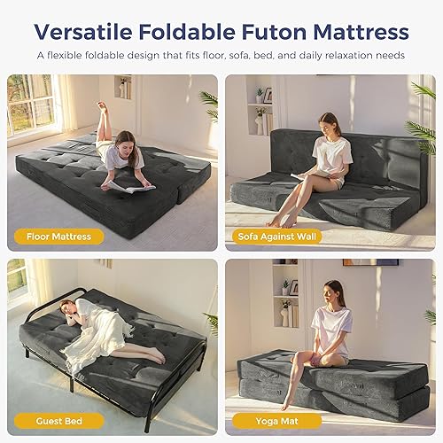 Miniatura 4 de MAXYOYO Colchón tipo futón de 8 pulgadas tamaño matrimonial con asas, sofá cama plegable copetudo (marco no incluido), colchón plegable versátil