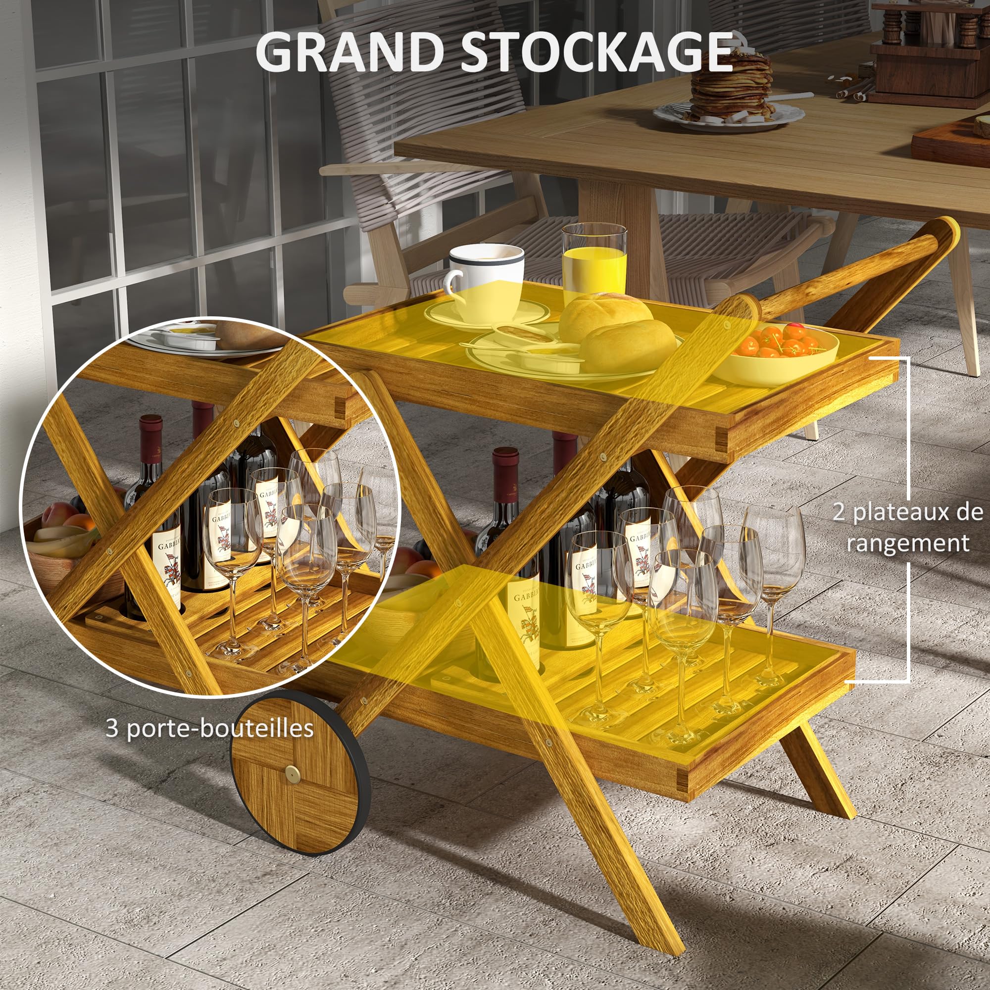 Outsunny Desserte de Jardin Chariot pour Barbecue en Bois avec 2 Plateaux, 3 casiers à Bouteilles et 2 Roues 52L x 71l x 74H cm Bois Naturel