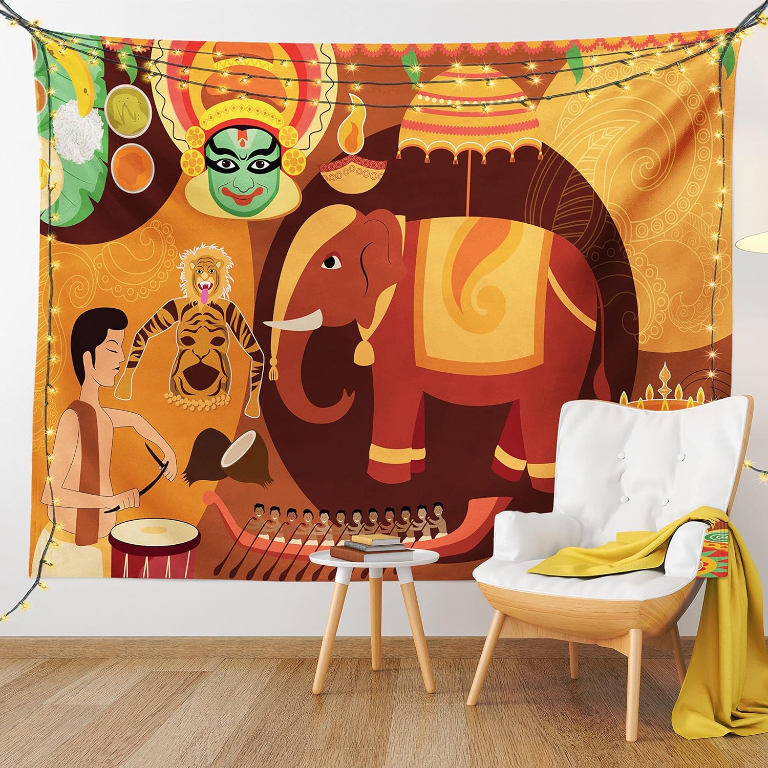 Lunarable Kerala Tapestry King Size, Illustration of Happy Onam Festival Celebration Cultural Traditional Theme, Wall Hanging Bedspread Bed Cover Wall Decor, King Size, Multicolor