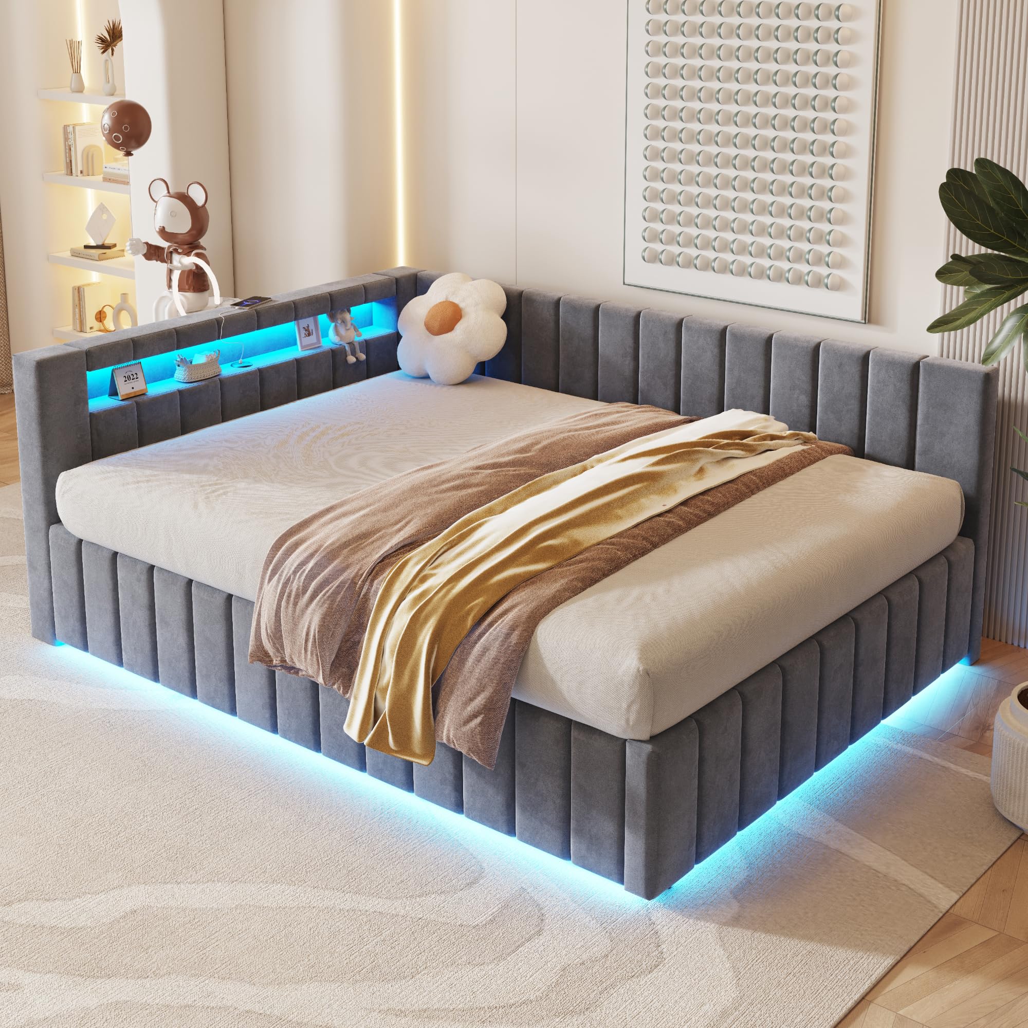Letto imbottito divano letto 140 x 200, letto matrimoniale con vano portaoggetti idraulico, con luce LED e funzione di ricarica USB, letto giornaliero per ragazzi con rete a doghe, tessuto di