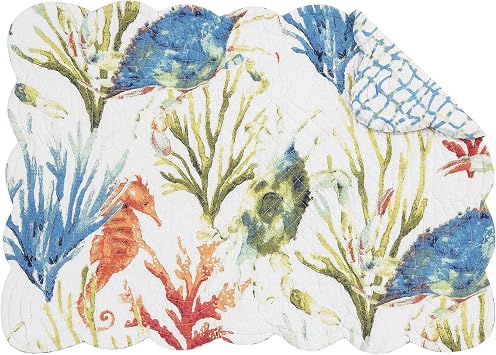 C&F Home Marino Quilted Reversible Rectangle Placemats Set of 6 Nautical Beach Ocean Watercolor Colorful Reverse to Blue and White Trellis 13" x 19" Blue