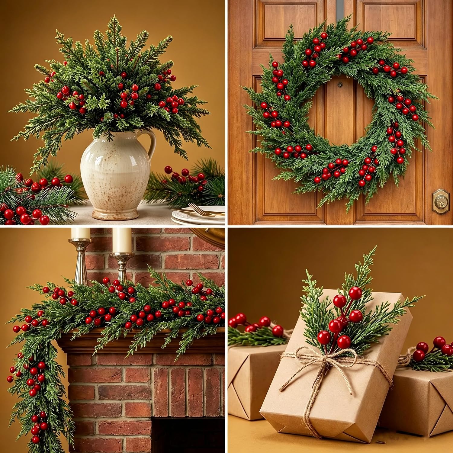 60PCS Faux Pine & Red Berry Stems, Artificial Xmas Picks Decor