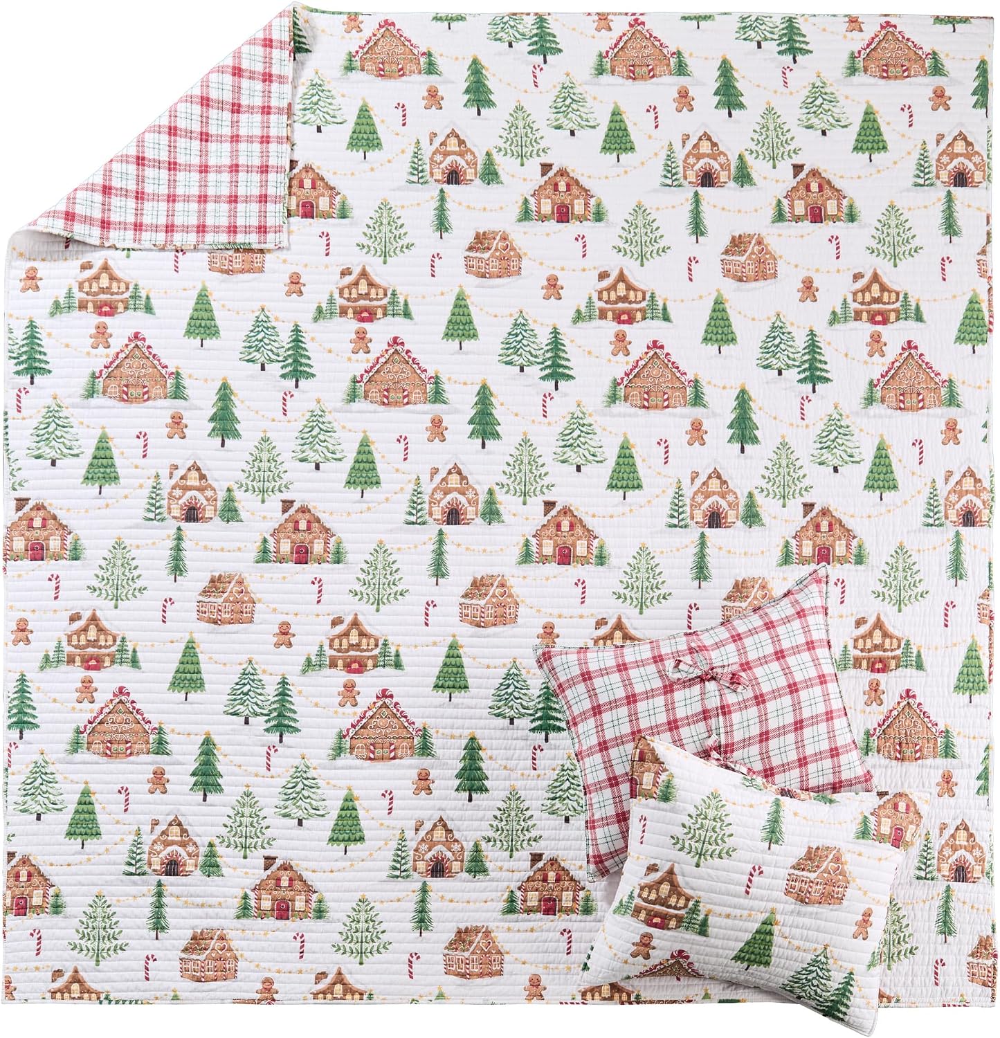 Levtex Home - Gingerbread Village - King - Holiday - Red Green Brown White - Quilt (106x92in.) - Reversible - Cotton