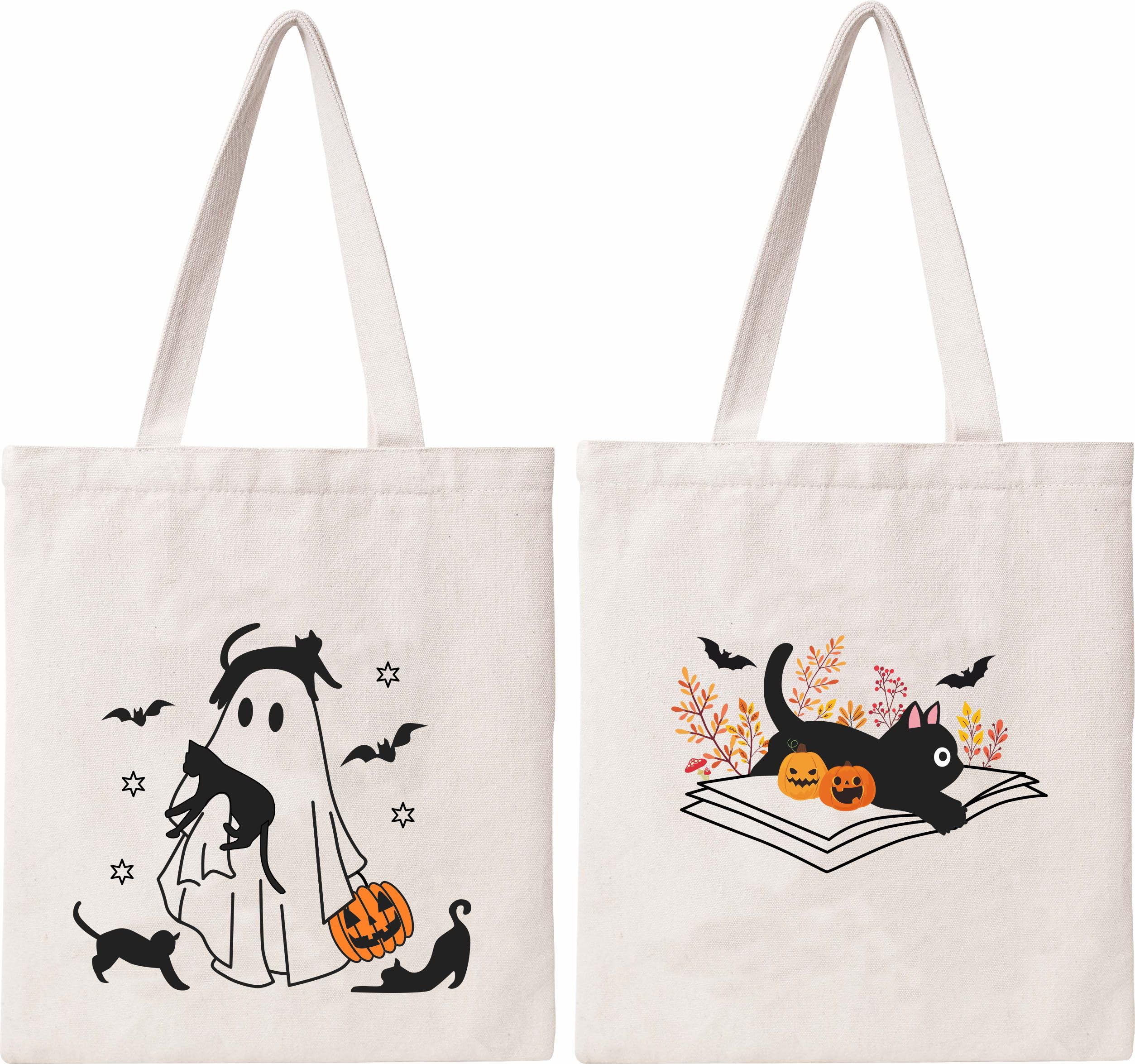 Cute Ghost Tote Bag Black Cats Tote Bag Halloween Cotton Canvas Bag for Women Gift Reusable Grocery Bag Shopping Beach Shoulder Bag