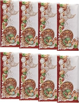 Holiday Turkey Bordered Fall Napkins, Set of 8, Multicolor - 17" W x 17" L