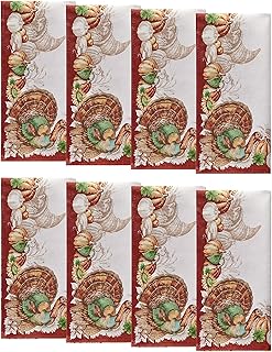 Elrene Home Fashions Holiday Turkey Bordered Fall Napkins, Seasonal Fall Cloth Napkins, 17" x 17", Set of 8