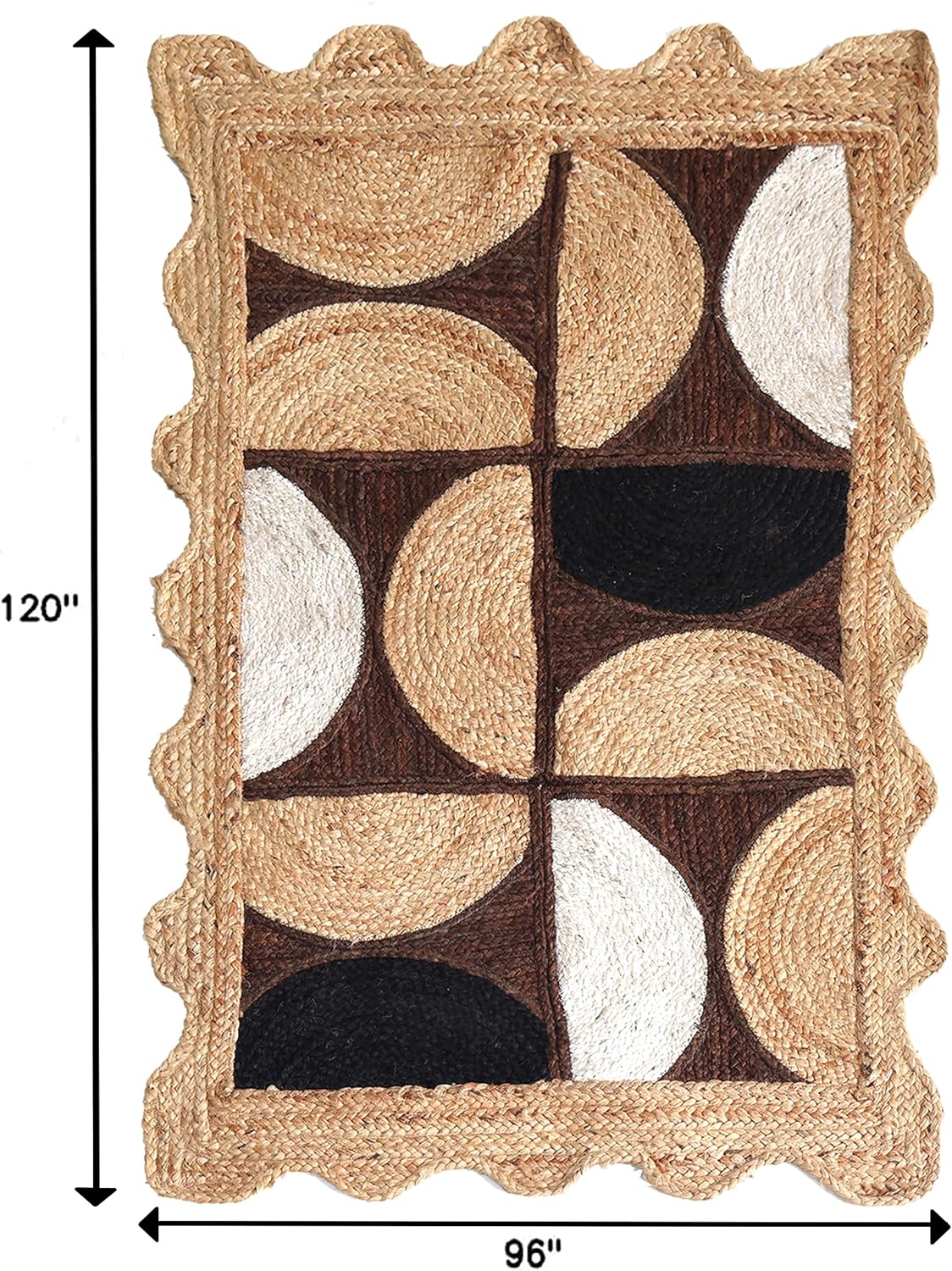 Jute Scalloped Rug 12x15 Indian Jute Hand Woven Area Rugs Thick 0.27" Geometric Half-Moon Brown & Black Rugs for Living Room, Bedroom, Home/Office Decor Carpet